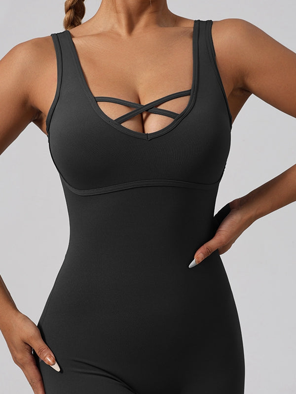 BUYCO Female Fitted Cross Collar Backless Flare Split Jumpsuit