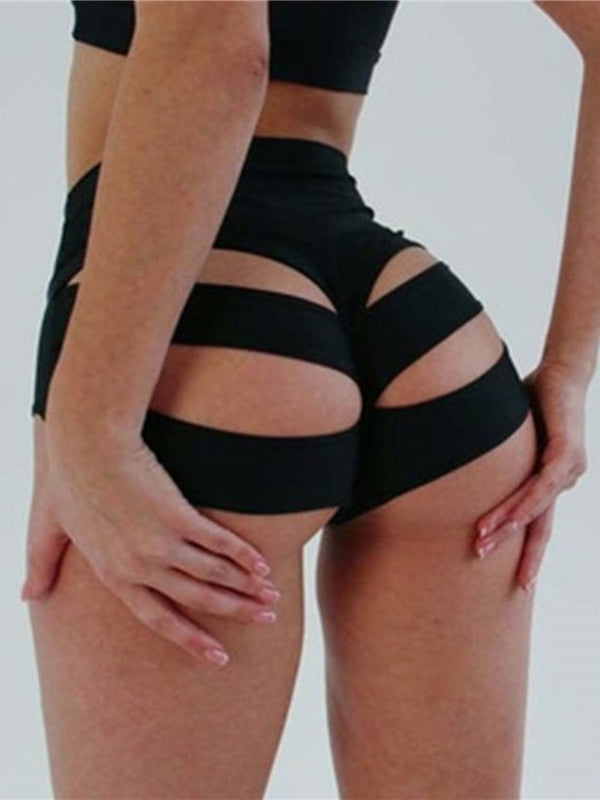 BUYCO Female Solid Color Hollow Out Spandex Gym Fit Shorts