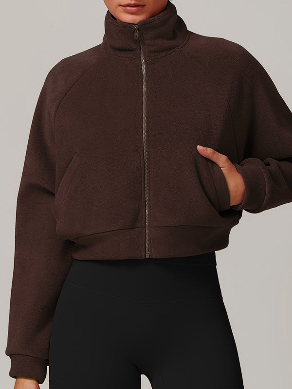 BUYCO Female Fleece Stand Up Collar Zipper Cropped Hoodie