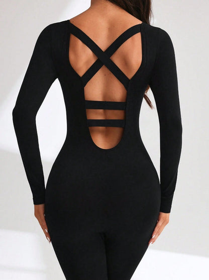 BUYCO Female Cross Back Hollow Out Long Sleeves Jumpsuit