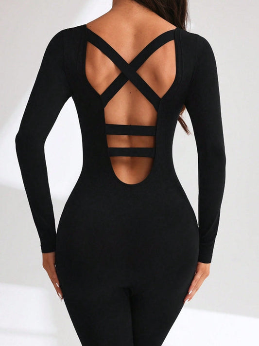 BUYCO Female Cross Back Hollow Out Long Sleeves Jumpsuit