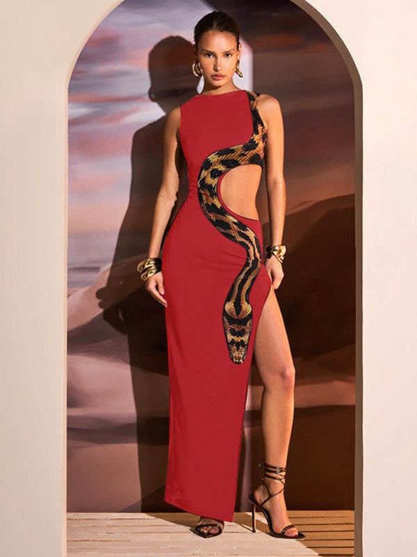 BUYCO Female Snake Print Cutout Split Dress