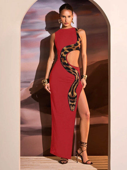 BUYCO Female Snake Print Cutout Split Dress