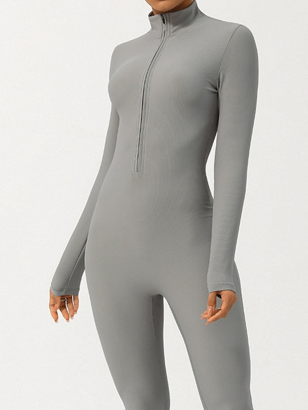BUYCO Female Ribbed Zipper Stand Collar Jumpsuit