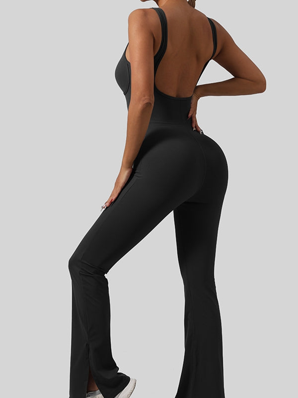 BUYCO Female Fitted Cross Collar Backless Flare Split Jumpsuit