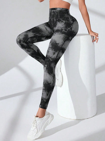 BUYCO Female Modern Tie-dye Denim Pocket Ruched Back Leggings