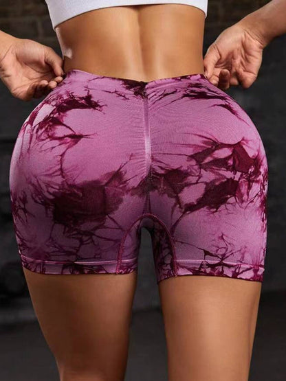 BUYCO Female Modern Tie-dye Deep V Back Ruched Back Spandex Gym Fit Shorts