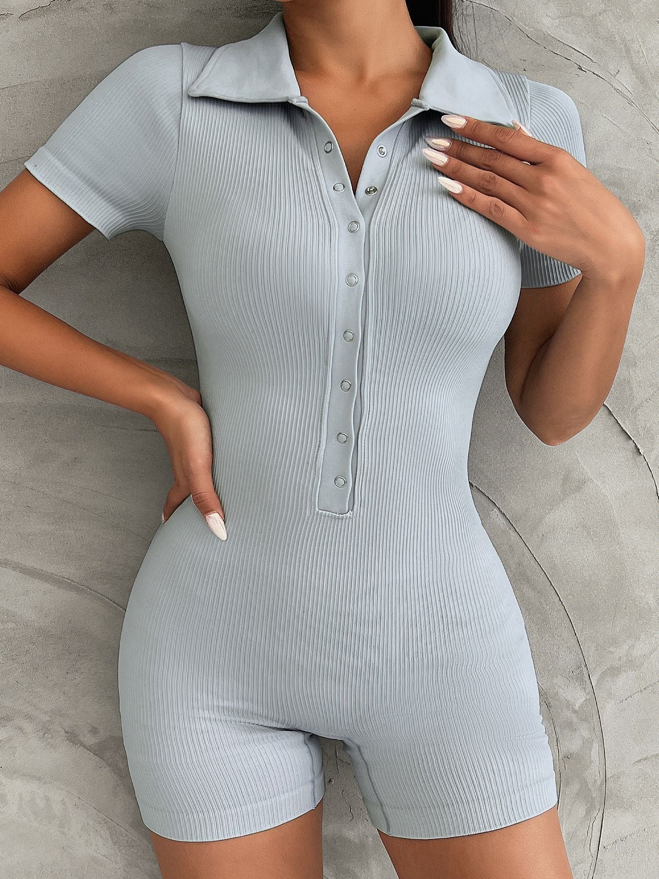 BUYCO Female Lapel Button Ribbed Romper