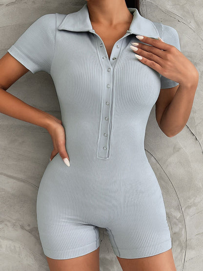 BUYCO Female Lapel Button Ribbed Romper