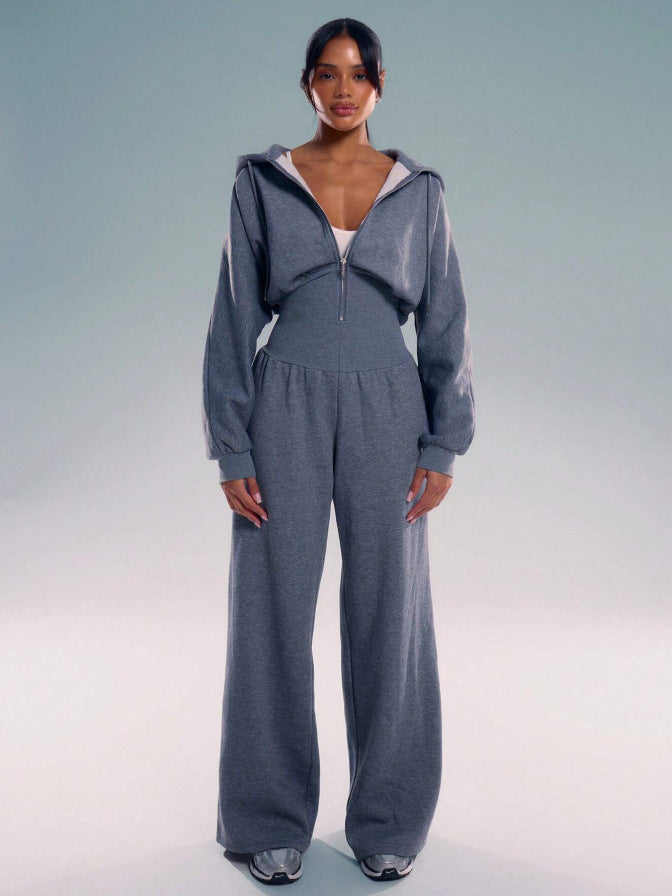 BUYCO Female Solid Color Zipper Hooded Jumpsuit