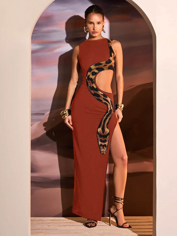 BUYCO Female Snake Print Cutout Split Dress