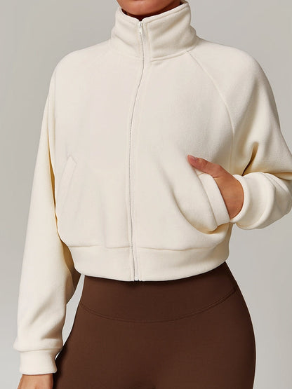 BUYCO Female Fleece Stand Up Collar Zipper Cropped Hoodie