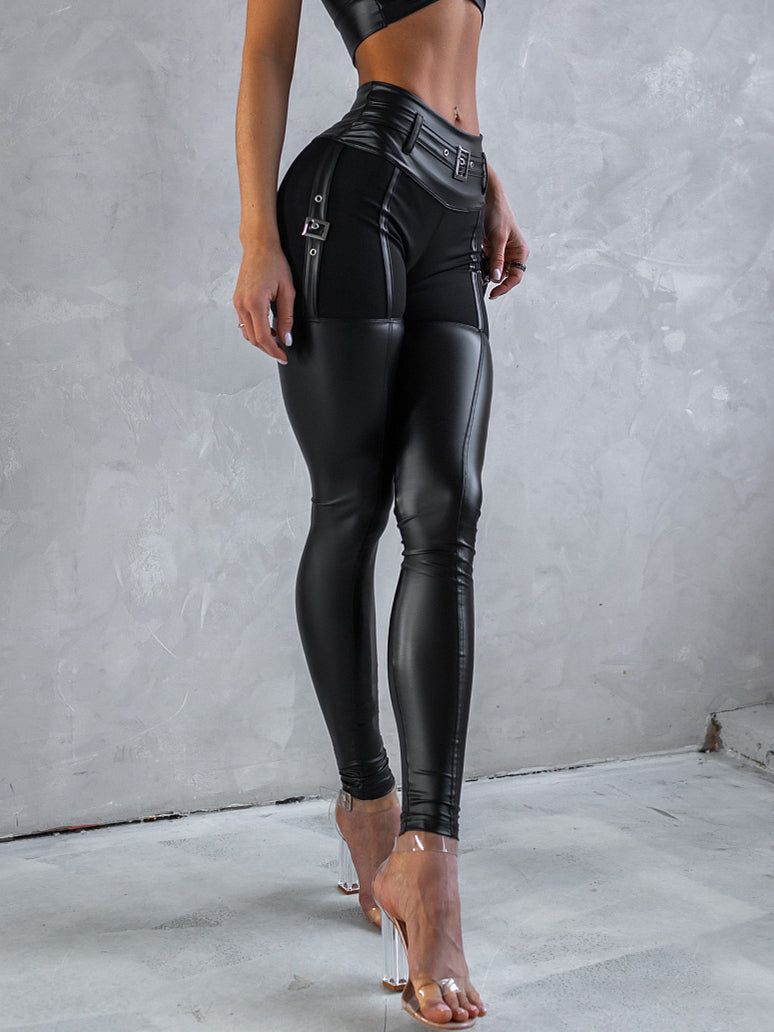 BUYCO Female PU Glossy Cross Twist Metal Buttons Hip-lift Leggings