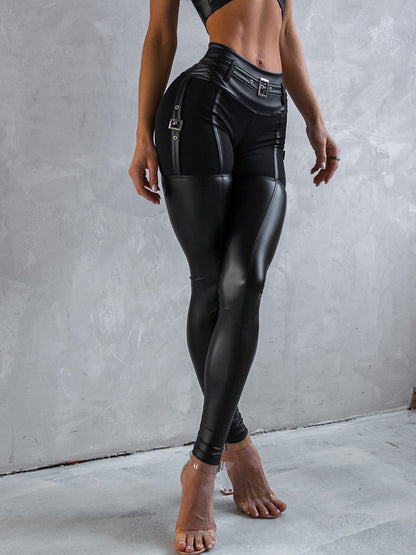 BUYCO Female PU Glossy Cross Twist Metal Buttons Hip-lift Leggings