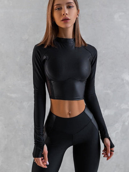 BUYCO Female PU Net Thumbholes High-rise Hip-lift Sportswear