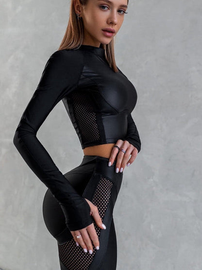BUYCO Female PU Net Thumbholes High-rise Hip-lift Sportswear