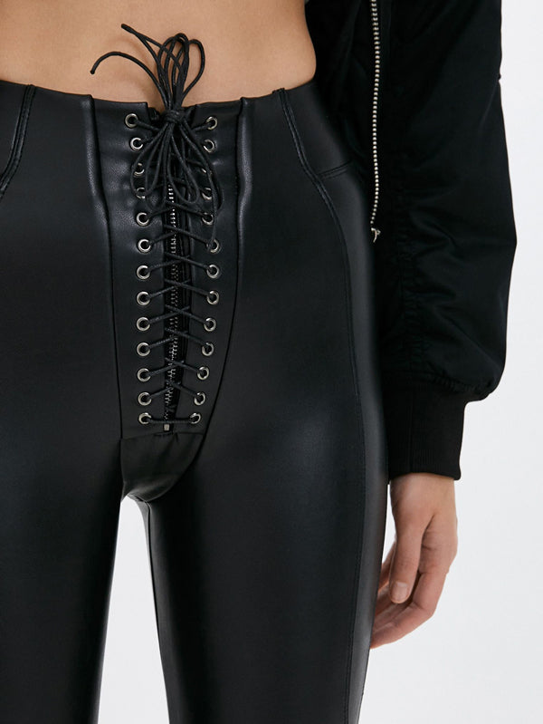 BUYCO Female Fitted Faux Leather Push Up Design Lace-up Leggings
