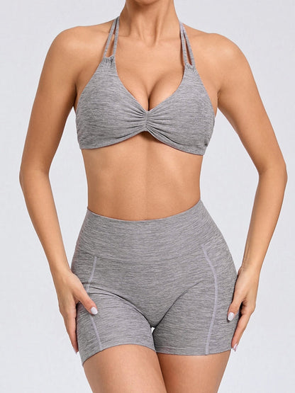 BUYCO Female Deep V Back Pocket Ruched Back Halter Backless Short Tracksuit