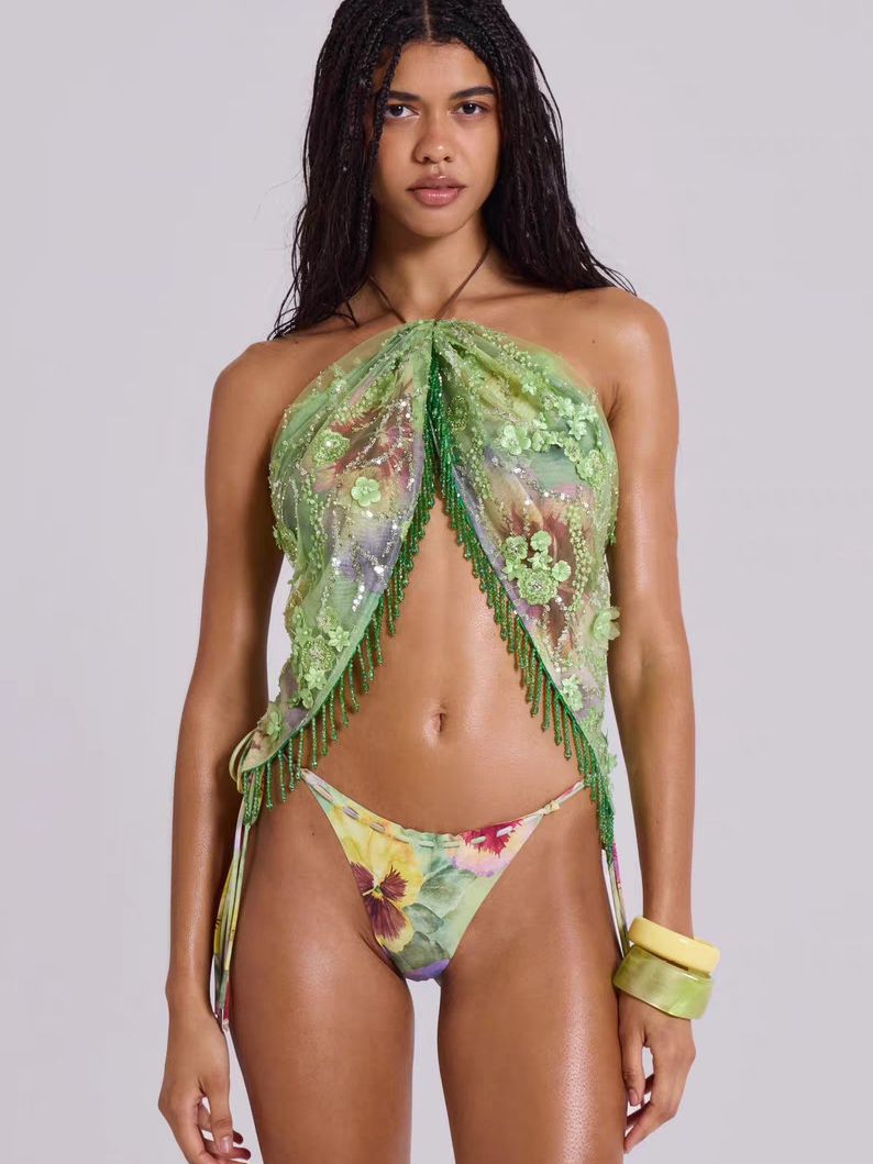 BUYCO Female Fitted Flower Sequin Tassel Mesh 3-Pieces Lace-up Bikini Set