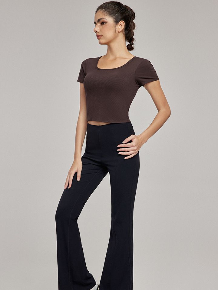 BUYCO Female Hollow Out Backless U Collar Ribbed Short Sleeves