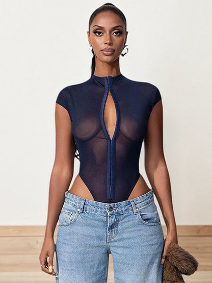 BUYCO Female Fitted Mesh Metal Buckle Short Bodysuit