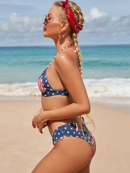 BUYCO Female Fitted Flags Print with Metal Buttons Backless Ruched Back Beach Bikini Set