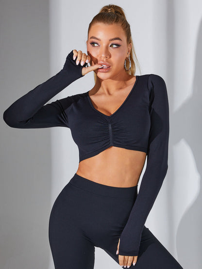 BUYCO Female Deep V Back Ruched Back Flare Front Folds Thumbhole Leggings