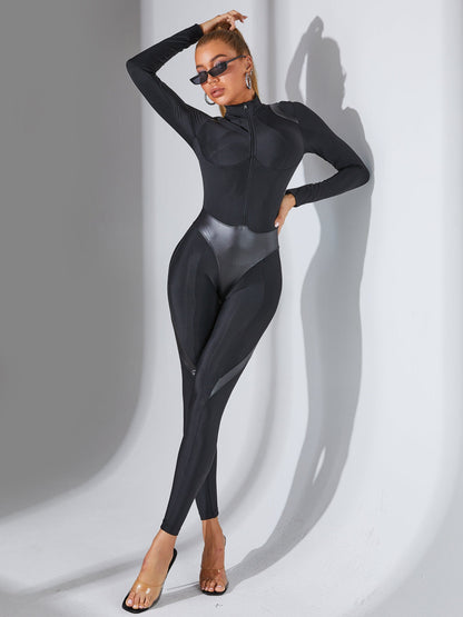 BUYCO Female Faux Leather Zipper Stand Collar Jumpsuit