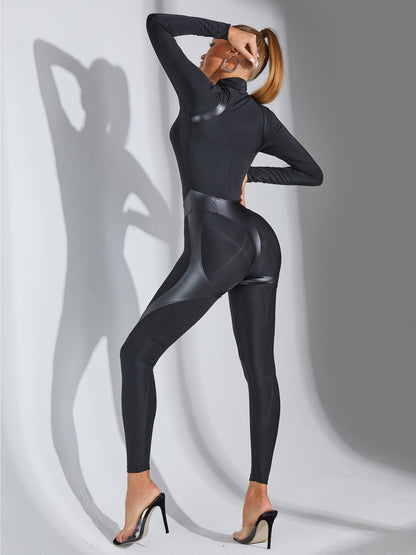 BUYCO Female Faux Leather Zipper Stand Collar Jumpsuit