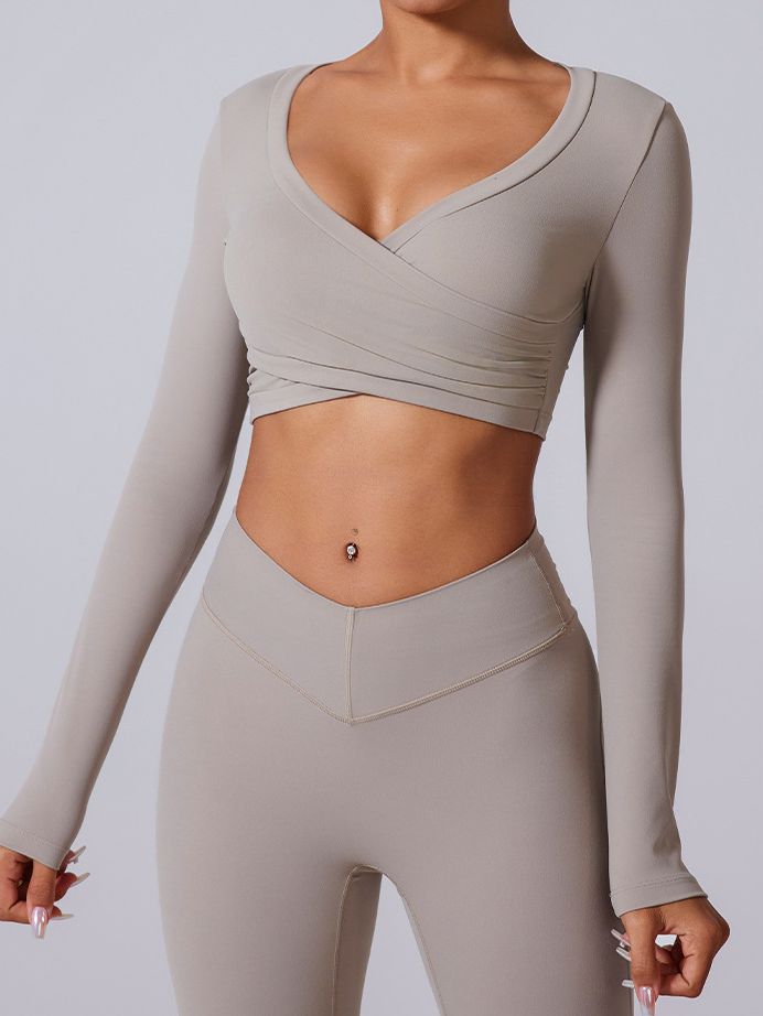 BUYCO Female Twist Deep V Elastic Tight Quick Dry Long Sleeves