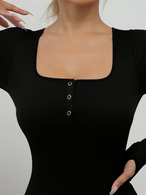 BUYCO Female Ribbed U Collar Quick Dry Thumbhole Jumpsuit