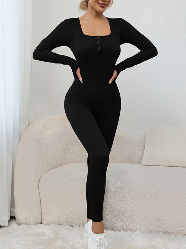 BUYCO Female Ribbed U Collar Quick Dry Thumbhole Jumpsuit