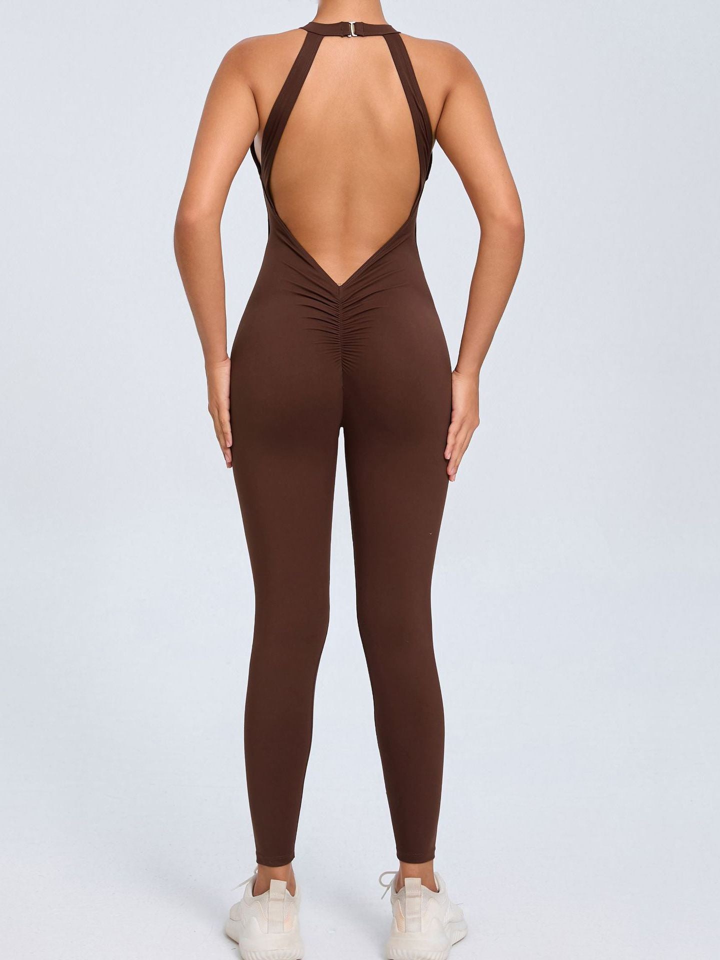 BUYCO Female Fitted Backless Hollow Out V-shaped Waist Ruched Back Jumpsuit