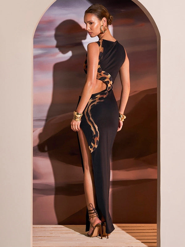 BUYCO Female Snake Print Cutout Split Dress