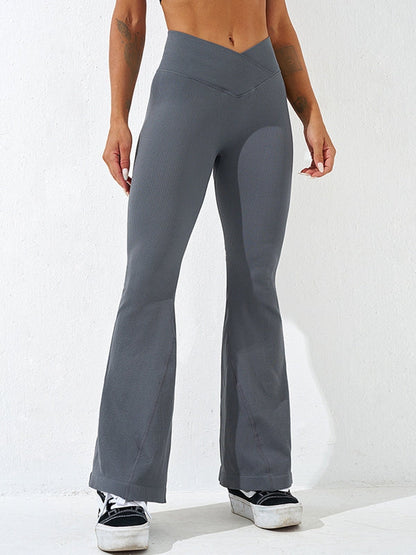 BUYCO Female V-shape Waist Ribbed Flare Ruched Back Leggings