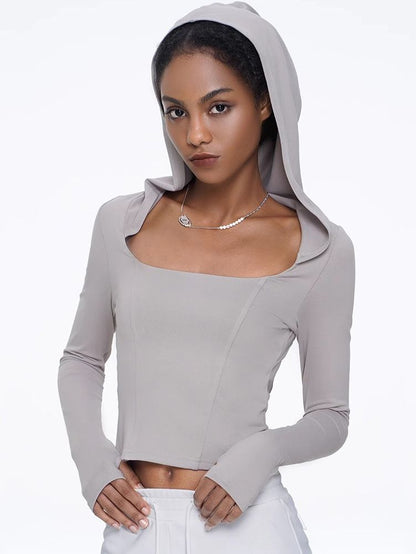 BUYCO Female Solid Color Hollow Out Hooded Elastic Tight Long Sleeves