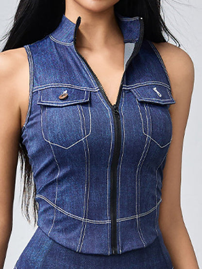 BUYCO Female Denim Zipper Stand Up Collar Tank