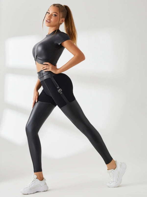 BUYCO Female PU Glossy Metal Buttons Hip-lift Sportswear