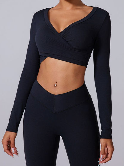BUYCO Female Twist Deep V Elastic Tight Quick Dry Long Sleeves