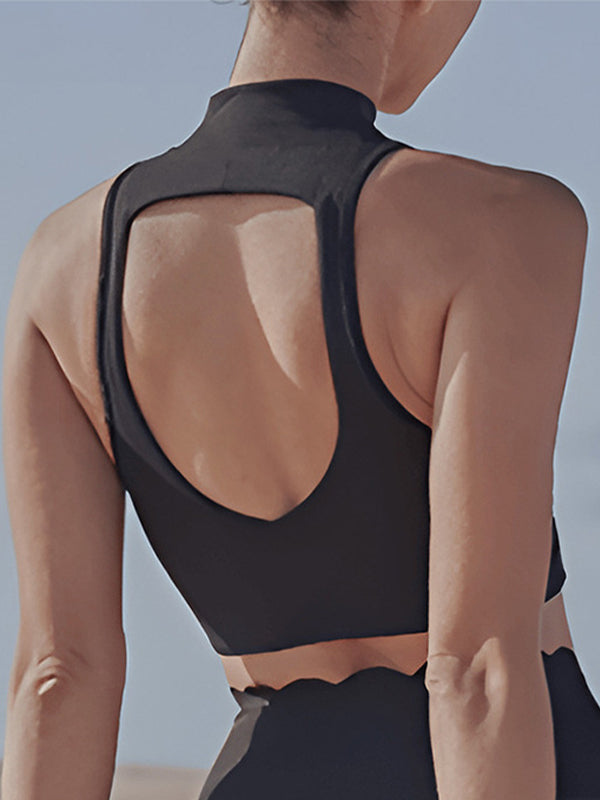 BUYCO Female Fitted Solid Color Hollow Out Stand Up Collar Tank