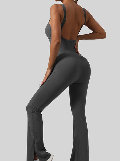 BUYCO Female Fitted Cross Collar Backless Flare Split Jumpsuit