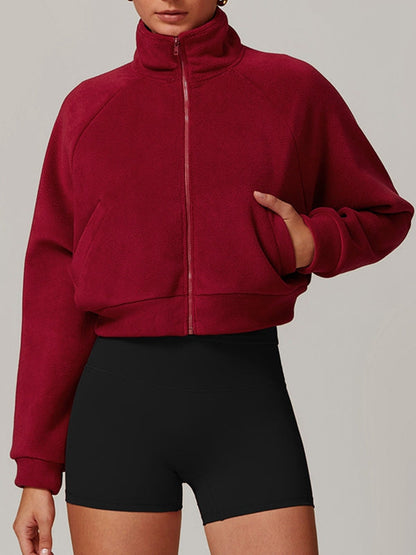 BUYCO Female Fleece Stand Up Collar Zipper Cropped Hoodie