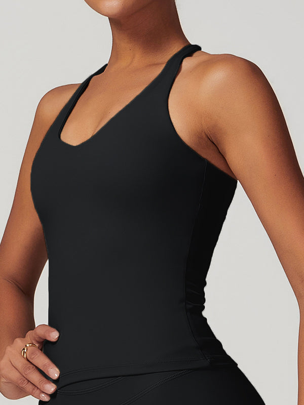 BUYCO Female U Collar Cross Back Hollow Out Quick Dry Adjustable Strap Tank