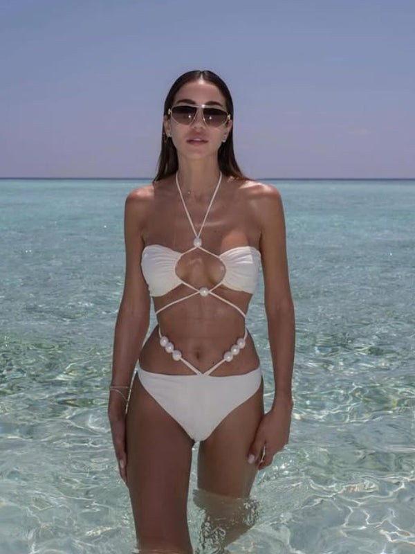 BUYCO Female Solid Color Pearl Lace-up Hollow Out 3-Pieces Mesh Bikini Set