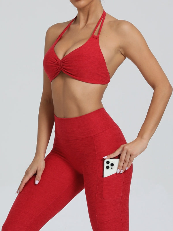 BUYCO Female Deep V Back Pocket Ruched Back Halter Backless Tracksuit