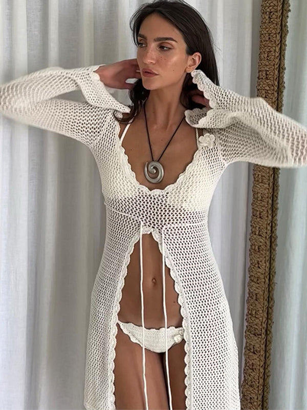 BUYCO Female Fitted Fishnet Lace-up Hollow Out Without Bikini Set Swimwear Cover Dress