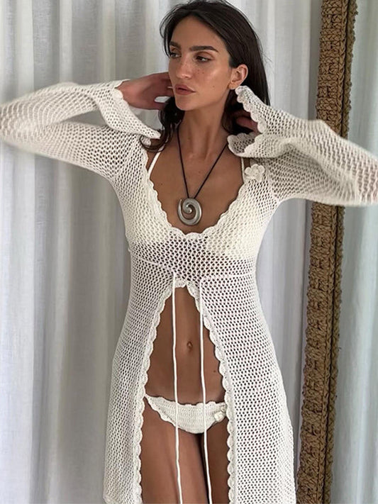 BUYCO Female Fitted Fishnet Lace-up Hollow Out Without Bikini Set Swimwear Cover Dress