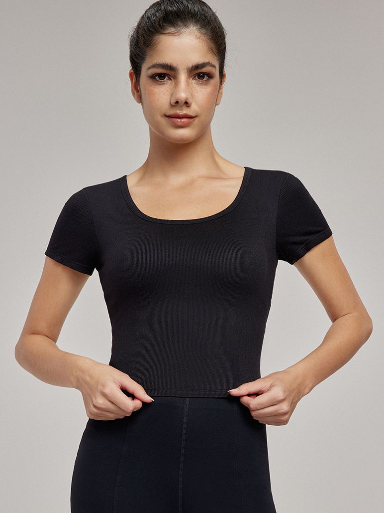 BUYCO Female Hollow Out Backless U Collar Ribbed Short Sleeves
