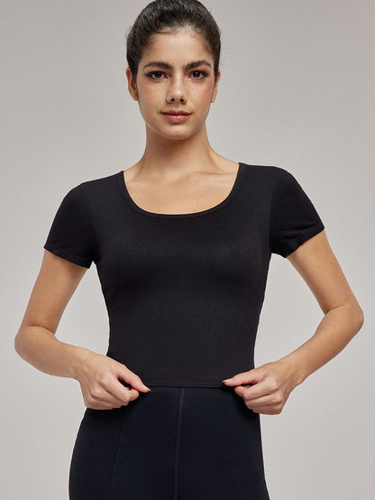 BUYCO Female Hollow Out Backless U Collar Ribbed Short Sleeves