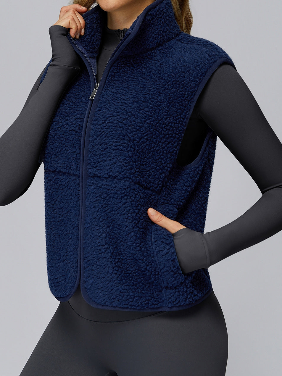BUYCO Female Fleece Zipper Pocket Stand Up Collar Vest Jacket